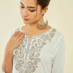 Soch Off White Rayon Paisley Embroidered A-Line Tunic with Vented Hemline image 5