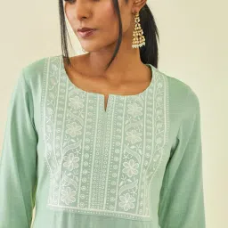Soch Green Rayon Floral Embroidered Yoke Straight Kurta with Pocket image 5