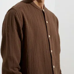 ETA by Westside Dark Brown Crinkle-Textured Relaxed-Fit Cotton Shirt image 4