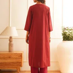 Jaypore Red Cotton Straight Fit Kurta image 2