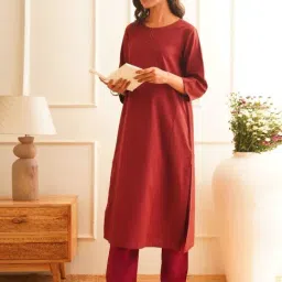 Jaypore Red Cotton Straight Fit Kurta image 3