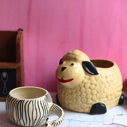 WEAVING HOMES White & Beige 2 Pieces Zebra & Sheep Ceramic Planter Pot image 1