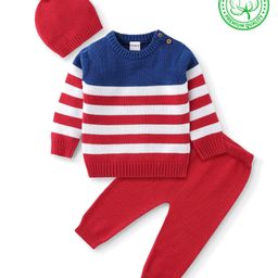 Babyhug Organic Cotton Knit Full Sleeves Striped Sweater Set - Red & Blue-image-40