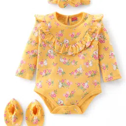 Babyhug 100% Cotton Knit Full Sleeves Floral Printed Onesie with Headband & Booties - Yellow-picture-18