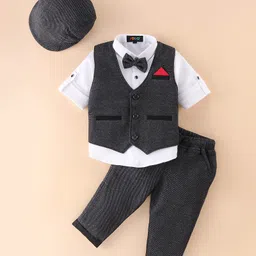 Robo Fry Woven Full Sleeves Party Suit with Cap & Bow - Blue & White-picture-22