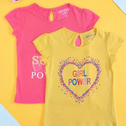 Pantaloons Junior Pack of 2 Half Sleeves Girl Power Text Printed Tee - Pink Yellow-picture-16