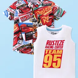 Babyhug Disney Cars 100% Cotton Knit Half Sleeves Regular Collar printed Shirt with Sleeveless T-Shirt- White & Red-picture-13