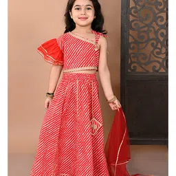 Superminis One Shoulder Lace Embellished & Leheriya Printed Coordinating Lehenga Choli With Dupatta Set - Red-picture-23