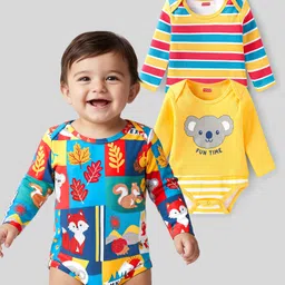 Babyhug Interlock Knit Full Sleeves Onesies With Animal Print Pack of 3 - Yellow Blue & Red-image-17