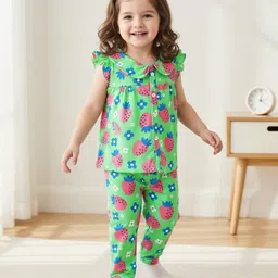 Babyhug Cotton Knit Frill Sleeves Front Open Co-Ord Night Suit with Tropical Print - Green-picture-21