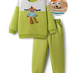 Mark & Mia Full Sleeves Winter Wear T-Shirt & Joggers Set With Teddy Applique - Green & White-picture-18