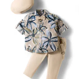 ToffyHouse 100% Cotton Knit Full Sleeves Floral Printed Shirt & Trouser Set with Hat Suspender & Bow - Tan-picture-11