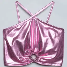 Taffykids Suede Knit Sleeveless Metallic Designed Cut Out Detailed Crop Top - Pink-picture-26