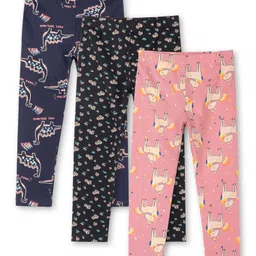 Ariel Cotton Knit Pack Of 3 Dinosaur & Floral Printed Leggings - Navy Blue Black & Orange-picture-27
