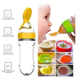 Fantasy India Silicone Squeezy Food Feeder Bottle With Spoon & Rattle Teether - Pink image 2
