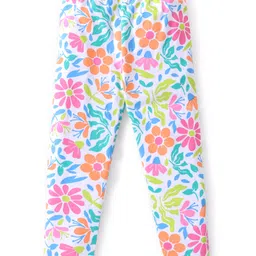 Babyhug Cotton Lycra Knit Full Length Leggings with Floral Polka Dots & Text Print Pack of 3 - Pink & Blue image 2