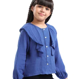 arias by lara dutta Arias Cotton Woven Full Sleeves Solid Colour Top with Frill Detailing - Navy Blue image 2