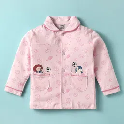 CUCUMBER Sinker Knit Full Sleeves Co-Ord Night Suit with Bear & Penguin Print - Light Pink image 2