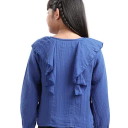 arias by lara dutta Arias Cotton Woven Full Sleeves Solid Colour Top with Frill Detailing - Navy Blue image 3