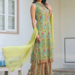 Janasya Floral Printed Sleeveless Pure Cotton Kurta With Palazzos & Dupatta image 4