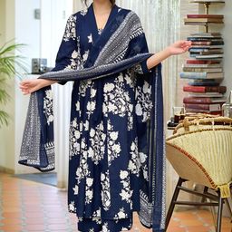 GoSriKi Floral Printed V-Neck Panelled A-Line Kurta & Palazzos With Dupatta-picture-17