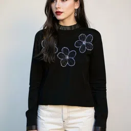 Mast & Harbour Women Black High Neck Long Sleeves Embellished Casual Tops-picture-16