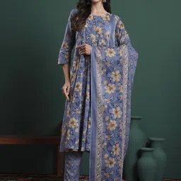 Yufta Women Floral Print Maternity Pleated Pure Cotton Kurta with Trousers With Dupatta-picture-15