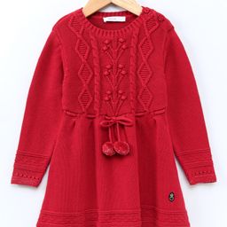 Babyoye Full Sleeves Woollen Cotton Dress With Cap Floral Design - Red-picture-21