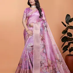 Mitera Floral Printed Woven Design Zari Banarasi Saree image 1