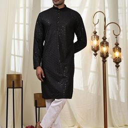 Pro-Ethic STYLE DEVELOPER Geometric Embroidered Mandarin Collar Sequinned Cotton Kurta-picture-6