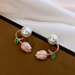 PolluxCraft Gold Plated Pearls Studded Floral Korean Studs Earrings-image-89