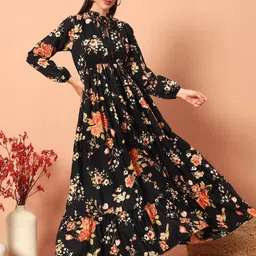 Raiyani Enterprise Women Floral Printed Tie-Up Neck Fit & Flare Maxi Dress-image-12