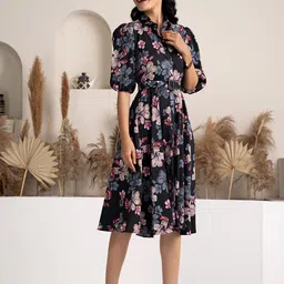AASK Floral Printed Belted Tiered Fit & Flare Dress image 3