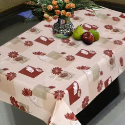 LooMantha Cream And Red Floral Printed Rectangle Waterproof Plastic 4-Seater Table Cover image 3