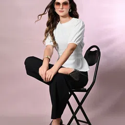 DressBerry Women Solid Round Neck Smocked Puff Sleeve Top-picture-11