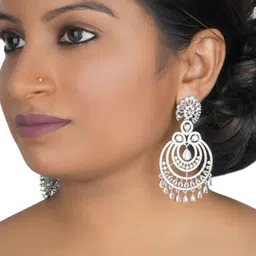 Gemron Jewel Rhodium-Plated Cubic Zirconia Studded Circular Shaped Drop Earrings image 2
