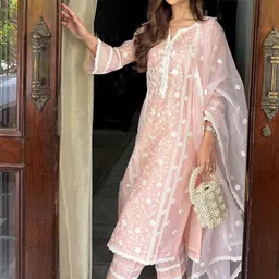 Bought First Floral Embroidered Notch Neck Straight KurtaWith Trousers And Dupatta image 3