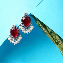 Bamboo Tree Jewels Artificial Stones Studded & Beaded Oxidised Oval Shaped Studs-picture-36