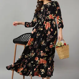 Krunal Raiyani Women Floral Printed Tie-Up Neck Flared Fit and Flare Dress-image-25