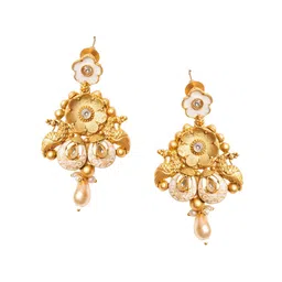 PANASH Gold-Plated Artificial Stones Studded & Beaded Floral Shaped Drop Earrings image 5