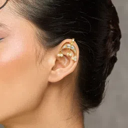 CURIO COTTAGE Gold-Plated Artificial Stones Studded And Pearls Beaded Crescent Ear Cuffs-image-7