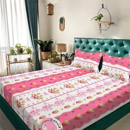 KLOTTHE Pink & White Printed 300 TC Fitted King Double Bedsheet Set-2.5mx2.25m-image-90