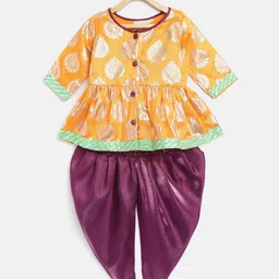 BownBee Girls Mustard Yellow & Purple Foil Print Kurti with Dhoti Pants-picture-41