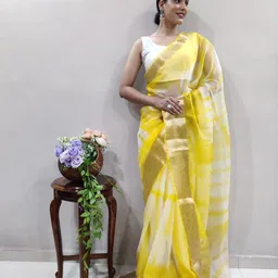 V3 FASHION STUDIO Tie and Dye Zari Organza Leheriya Saree-image-61