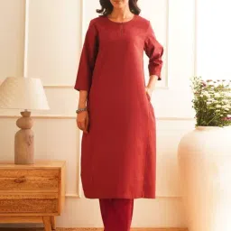 Jaypore Red Cotton Straight Fit Kurta image 4