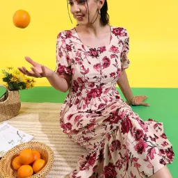 Campus Sutra Beige & Red Floral Print A-Line Dress image 5