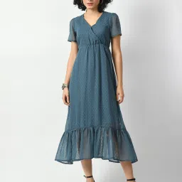 DECKEDUP Blue Self Design Midi Dress image 1