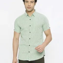Spykar Pista Green Cotton Slim Fit Striped Shirt-image-17