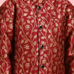 AJ Dezines Kids Red & Golden Floral Print Full Sleeves Sherwani Set image 5