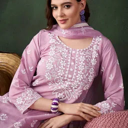 Sangria Lavender Floral Embroidered Thread Work Cotton Kurta & Trouser With Dupatta-picture-12